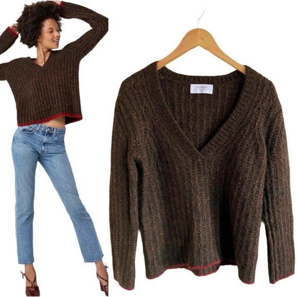 La Ligne Sweaters - LA LIGNE Brown Sweater Fuzzy Wuzzy Pullover V-Neck Alpaca Cotton Wool Red Trim S